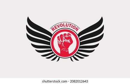 hands clenched in a circle accompanied by bird wings that read revolution. abstract flat design vector logo icon.