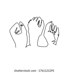 Hands with clenched fingers in one line art style. Continuous line drawing fists. Protest or revolution concept. Hand drawn vector illustration on white bacground