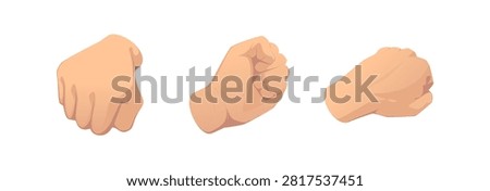 Hands clenched in fists. Vector isometric arms gestures express strength and solidarity. Symbol of rebellion and resistance, fight and aggressive demonstration of power. Educational materials