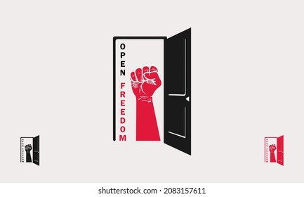 hands clenched in front of the open door, it reads open freedom. abstract flat design vector logo icon.