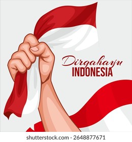 hands clenched into the air while holding the red and white flag, depicting the spirit of independence of the Indonesian republic.
