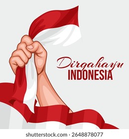 hands clenched into the air while holding the red and white flag, depicting the spirit of independence of the Indonesian republic.