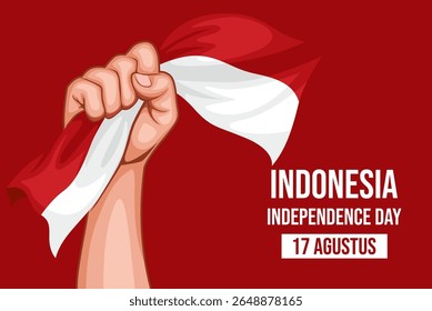 hands clenched into the air while holding the red and white flag, depicting the spirit of independence of the Indonesian republic.