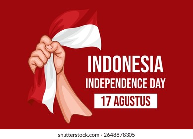 hands clenched into the air while holding the red and white flag, depicting the spirit of independence of the Indonesian republic.