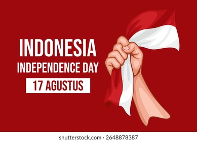 hands clenched into the air while holding the red and white flag, depicting the spirit of independence of the Indonesian republic.