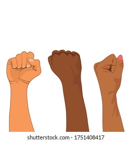 Hands clenched into a fist. The concept of protest and revolution. Fighting for their rights, racial discrimination and violence. Vector illustration isolated on a white background for design and web.