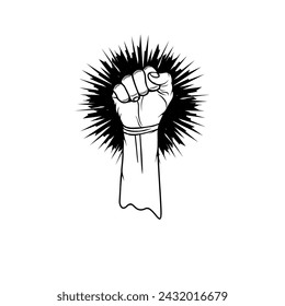 hands clenched into a fist up in excitement black and white vector illustration