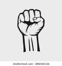 Hands clenched into a fist and raised up vector line art illustration. Symbol, icon, concept of power, rebellion, independent, freedom, revolution, riot