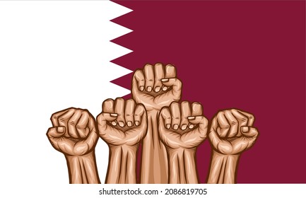 Hands clenched into a fist and rised up with Qatar flag as background. Symbol of Qatar independence day. For banner, greeting card, national day.