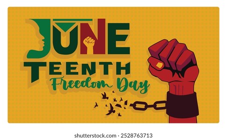 Hands clenched into fists with broken chains. African-American Independence Day. Juneteenth concept. Flat vector illustration.