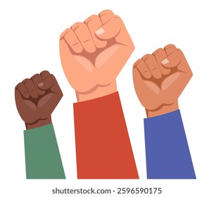 Hands clenched into fists as symbol of protest or struggle. Social movement. Riot gesture. Demonstration and resistance. Fight for solidarity and equality. Raised arm