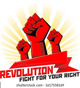 Hands are clenched into strong fists. Revolutionary power icon, logo. Illustration, vector