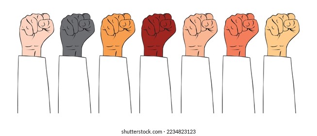 Hands clenching, different colors, vector illustration, white background