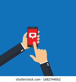 Hands click to mobile with like icon.vector illustration.flat design.