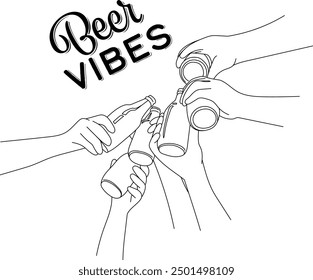 Hands clink beer bottles vector outline illustration with a lettering Beer Vibes. National Beer day. Hand drawn one line art vector illustration isolated on the white background.