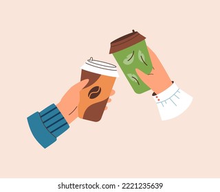 Hands clink disposable cups of coffee, flat vector illustration isolated on background. Coffee break and takeaway drinks banner or poster backdrop design.