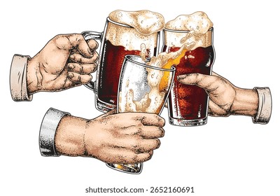 Mãos batem copos cheios de cerveja gelada espumosa em uma celebração. A atmosfera é animada capturando um momento de amizade e prazer em um cenário casual.