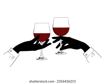 Hands clink glasses of red wine. Hands holding glasses with red wine. Friends raise a toast with glasses of wine at a family dinner. Vector illustration