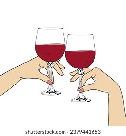 Hands clink glasses of red wine. Hands holding glasses with red wine. Friends raise a toast with glasses of wine at a family dinner. Vector illustration