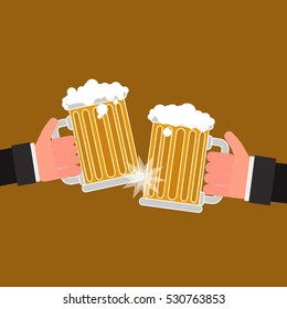 hands clink mugs with beer. vector illustration. flat design style