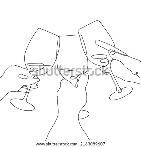Hands Clink Wine Glasses. Continuous black one Line drawing. People Clink Glasses of drinks. Festive toast concept isolated on white background. Vector illustration.