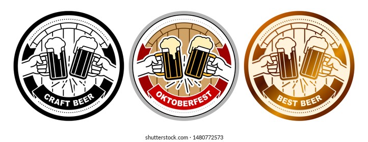 Hands clinking of beer mugs with frothy ale. Banner heraldic ribbon with title Oktoberfest, Best, Craft Beer. Vector illustrations of round sticker, emblem, beer mat coaster, icon in flat line style.