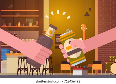 Hands Clinking Beer People In Pub Or Bar Restaurant Cheering Party Celebration Festival Concept Flat Vector Illustration