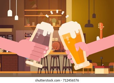 Hands Clinking Beer People In Pub Or Bar Restaurant Cheering Party Celebration Festival Concept Flat Vector Illustration