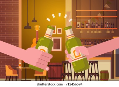 Hands Clinking Beer People In Pub Or Bar Restaurant Cheering Party Celebration Festival Concept Flat Vector Illustration
