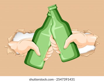 Hands clinking bottles through a torn wall