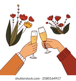 Hands clinking champagne glasses. A celebratory illustration perfect for weddings, anniversaries, and special occasions