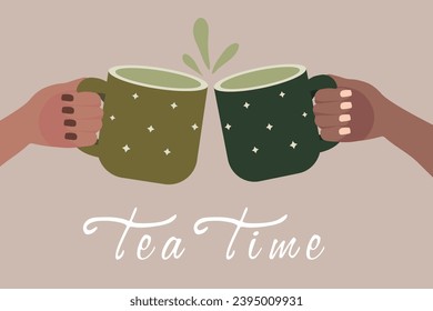 Hands with clinking cups of green tea on grey background