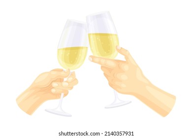 Hands clinking glass of champagne vector illustration on white background