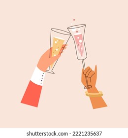 Hands clinking glasses with alcoholic drinks or champagne, flat vector illustration isolated on background. Hands of people having party celebration and saying a toast.