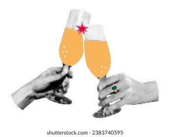 Hands clinking glasses of champagne halftone art collage. Cutout magazine shapes with doodles, modern retro, grunge punk festive design. Vector illustration isolated on transparent background