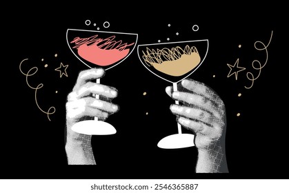 Hands clinking glasses of champagne halftone art collage. New year card. Cutout magazine shapes with doodles, grunge punk festive design. Vector illustration 