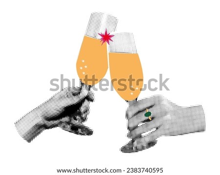 Hands clinking glasses of champagne halftone art collage. Cutout magazine shapes with doodles, modern retro, grunge punk festive design. Vector illustration isolated on transparent background