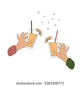 Hands clinking with juice in glass with bubbles. Celebrating without alcohol. Healthy party.