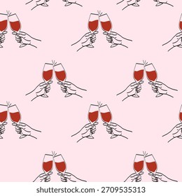 Mãos de copos de vinho com líquido vermelho em um fundo rosa claro para comemoração e prazer