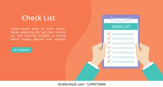 Hands with clipboard check list landing page template. Online checklist service landing concept flat man hands holding check list on clipboard. Vector illustration yellow web page template