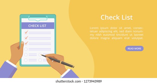 Hands with clipboard check list web page template. Vector landing concept flat man hand holding checklist on board with paper clip. Yellow web illustration template with hand, clipboard and check list