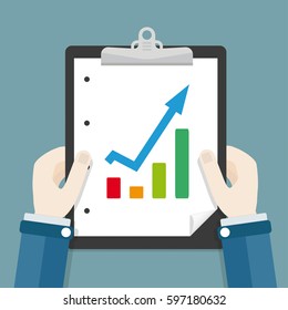 Hands with clipboard growth diagram. Eps 10 vector file.