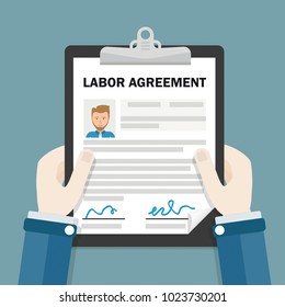 Hands with clipboard and text Labor Agreement. Eps 10 vector file.