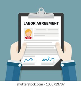 Hands with clipboard and text Labor Agreement. Eps 10 vector file.