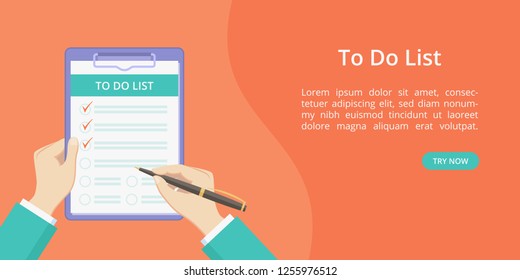 Hands with clipboard todo list landing page template. Vector concept flat man hands holding task to do on board with paper clip. Landing red illustration template with hand, clipboard and todo list