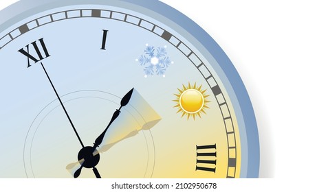 The hands of the clock on the dial indicate the transition from winter to summer time, one hour in front. Copy space. Vector illustration