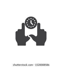 Hands with clock vector icon. filled flat sign for mobile concept and web design. Time management glyph icon. Symbol, logo illustration. Vector graphics