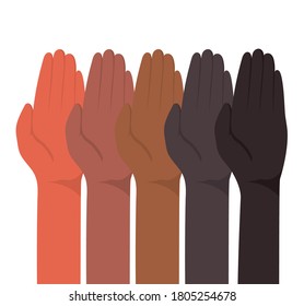 up hands with closed palm of different types of skins design, diversity people multiethnic race and community theme Vector illustration