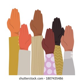 up hands with closed palm of different types of skins design, diversity people multiethnic race and community theme Vector illustration