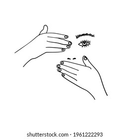 Hands closes the mounth and face of young woman, gestures line art, linear hipster girls face vector